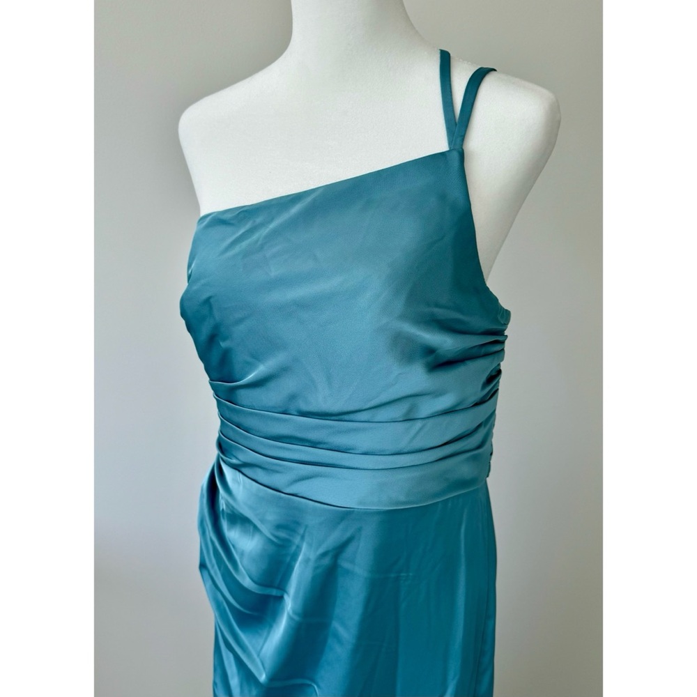 Azazie Eren Fitted One Shoulder Stretch Satin Bridesmaid Dress in Moody Blue NWT - Picture 4 of 15